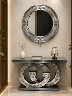 Modern Silver Console Table with Mirror Set