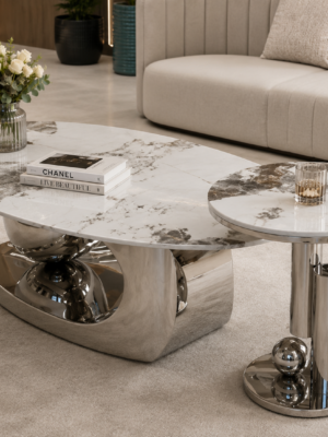 Modern Marble & Chrome Coffee Table Set