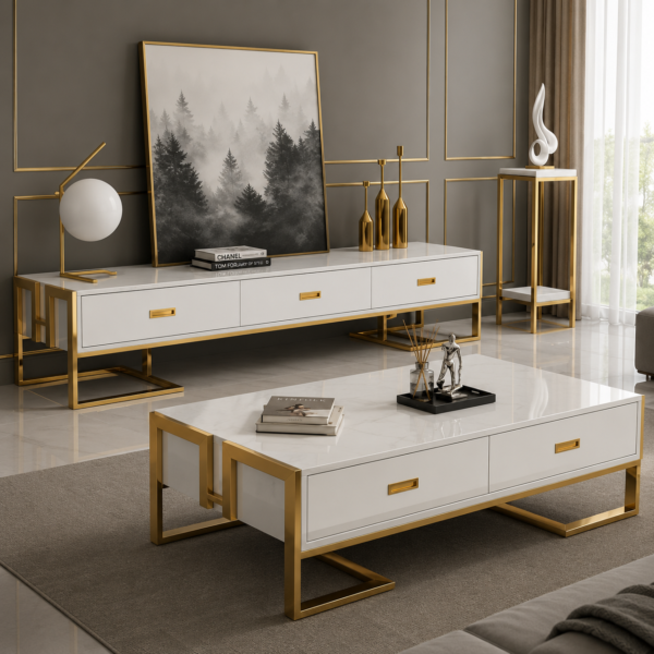 Modern Marble & Gold Living Room Table Set