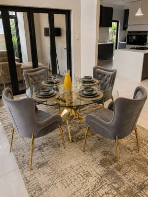 Glass Dining Table Set with Velvet Chairs
