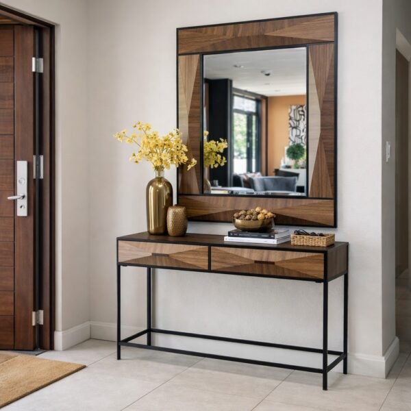 Chloe Wood & Metal Console with Mirror Set