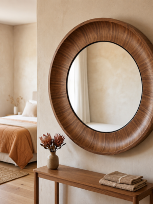 Curved Wooden Round Mirror